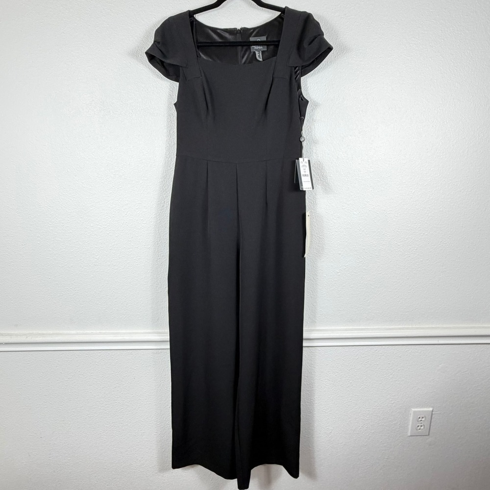 Adrianna Papell Jumpsuit Womens 8 NWT‎ Black Square Neck Tulip Sleeve Wide Leg